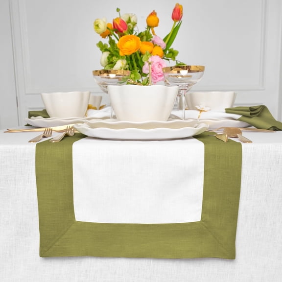 Linen Table Runner 36 Inches - 100% Pure Linen Avocado and White Small Table Runner 14 x 36 Inch Ideal for Dresser and Coffee Tables - Contempo