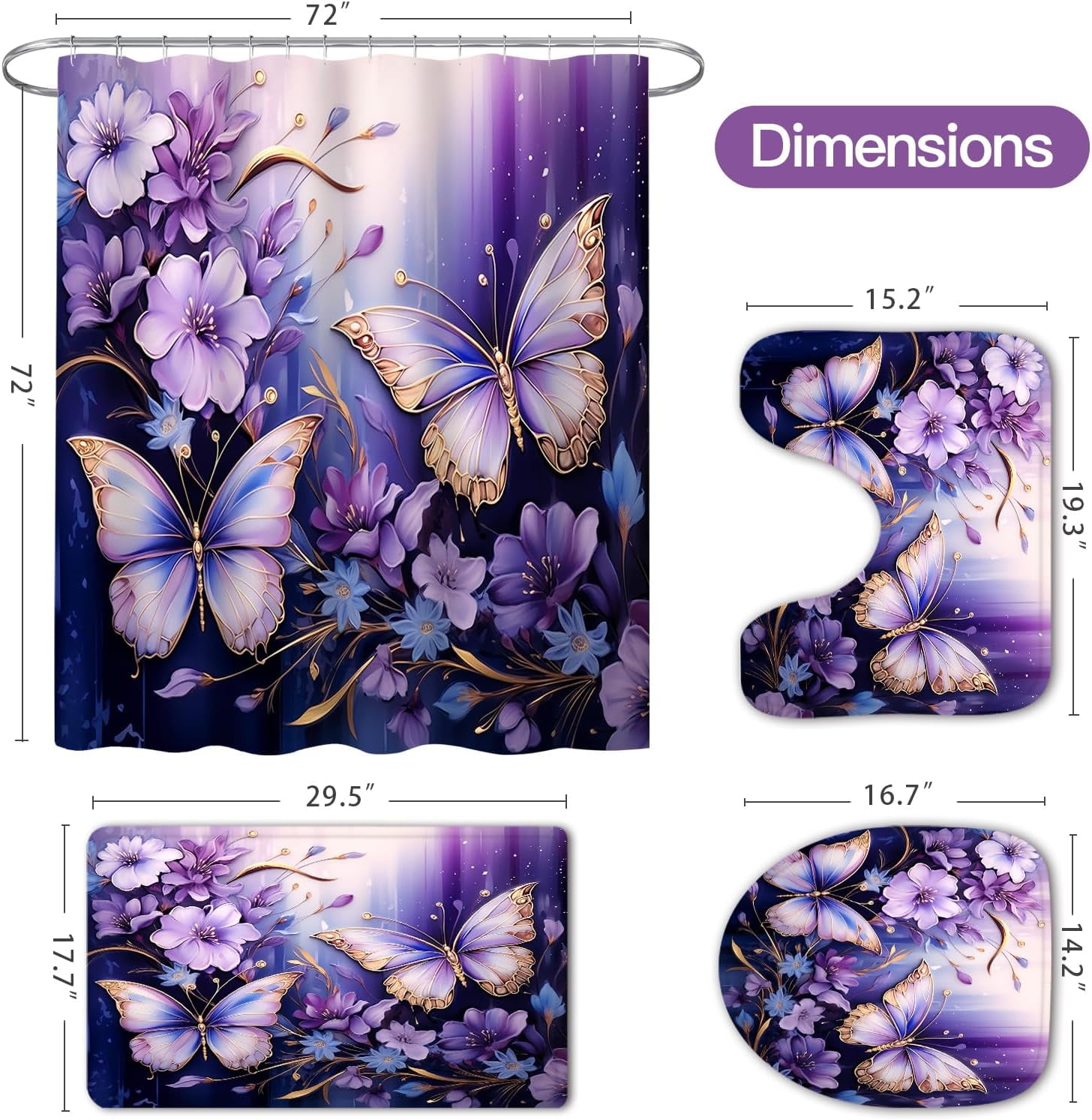 4 Pcs Purple Floral Butterfly Shower Curtain Set with Non-Slip Rugs, Modern Toilet Lid Cover and Bath Mat, Elegant Bathroom Decor Set with Shower Curtain and Rugs(Hooks Not Included)