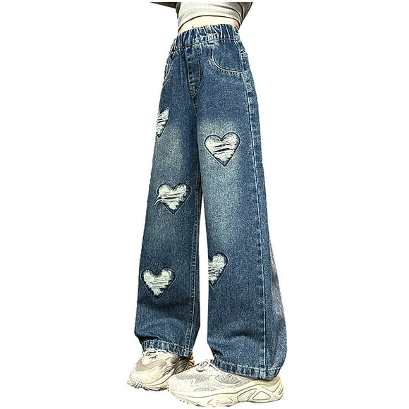 LOVZFMLL Girls Ripped Jeans Heart Straight Wide-Leg Loose Fit Pants Casual Long Denim Pants Elastic Waist with Pockets Teen Girls Clothes 12-14 Years