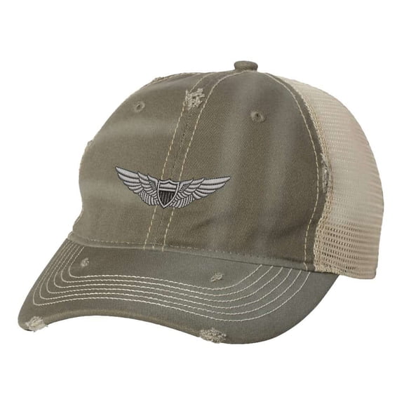 Distressed Military Hat - Army Aviation Vintage Pilot Hat with Silver Wings | Veteran Strapback Cap (Olive)