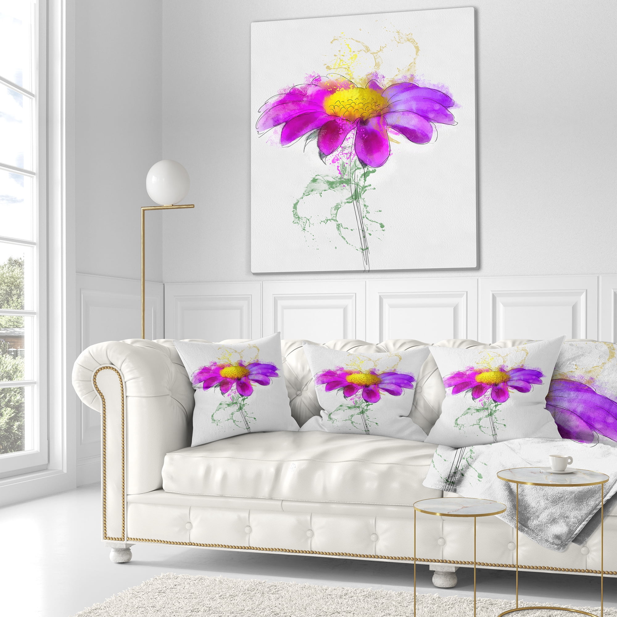 Designart Purple Daisy Flower with Stem - Flowers Throw Pillowwork - 16x16