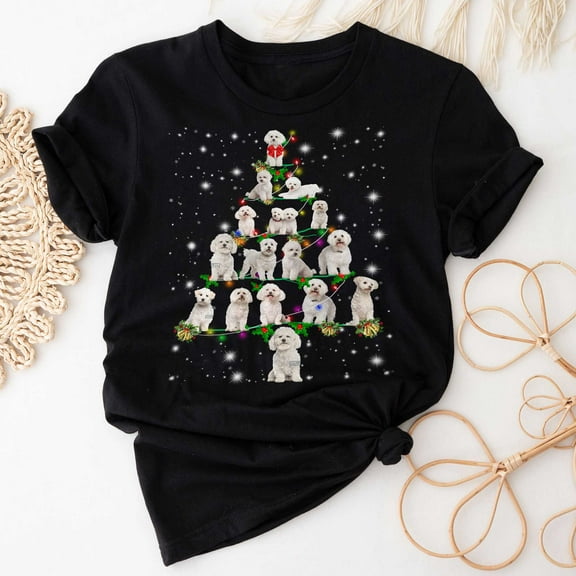 Bichon Frise Christmas Tree T-Shirt, Funny Dog Lover Gift, Bichon Frise Christmas Lights Shirts, Christmas Shirts for Women Men