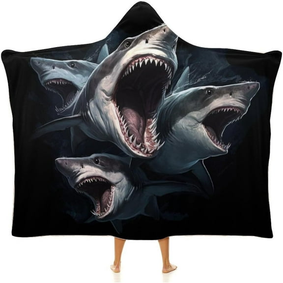Shark Gifts, Shark Pattern Wearable Flannel Blanket Hoodie, Flannel Cloak Hooded Blanket Poncho