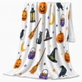 thumbnail image 2 of Halloween Icons with Pumpkins and Black Cats, Playful Holiday Style for Halloween Lovers, Witchy Night Pattern and Halloween Gift, Cozy Flannel Blanket for Playroom and Family Room, Home Decor, 2 of 8