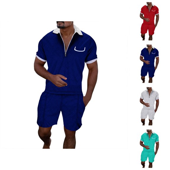 Short Sets for Men Summer Casual Jacquard Short Sleeve Quarter Zip Polo Shirt and Bermuda Shorts 2 Piece Matching Set