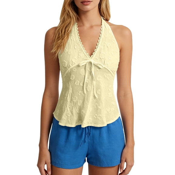 IWRICH Women's Summer Flowy Halter Top Cute Beach Tank Tops Going out Sleeveless Deep V-Neck for Concert Vacation Party Yellow XL