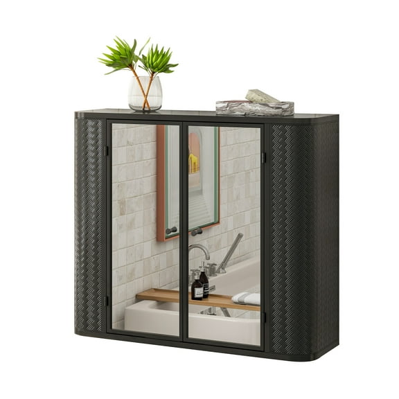 Wall-Mounted Bathroom Storage - Antique Black Cabinet with 2 Mirror Doors & Display Shelf - Toilet Organizer