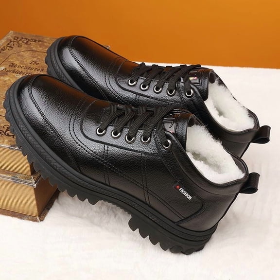 Men'S,Korean Style Casual Lace-Up Boots for Cold Weather Winter Fleece-Lined Thermal Sneakers - Heavy-Duty PVC Upper & Non-Slip Rubber Sole, High Quality Warm Work Shoes with Cushioned Insole