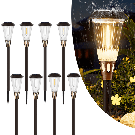 BITPOTT  8 Pack Bright Solar Pathway Lights Outdoor, 2-in-1 Adjustable Warm&Cool Solar Lights Outdoor, Waterproof IP65, Auto On/Off