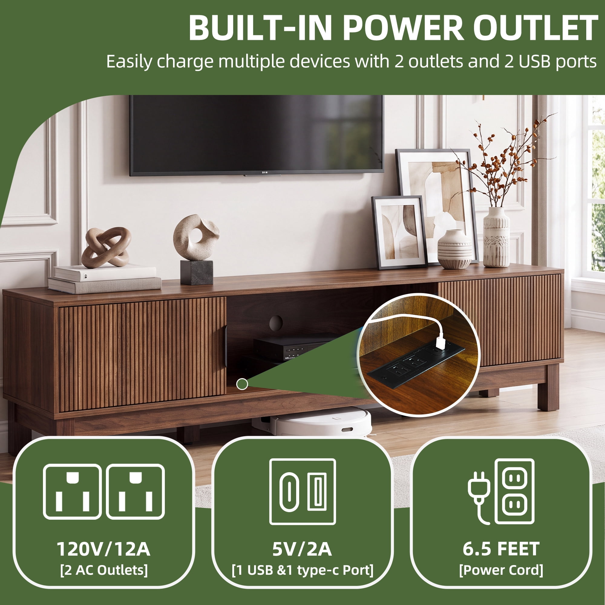 Uforic 70 Inch Mid-Century Modern Fluted TV Stand with Built-in Charging Station, Adjustable Shelves & Cable Management for 75/80 Inch TVs, Walnut Oak