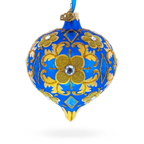 Jeweled Golden Leaves on Blue Onion-Shape Finial Glass Christmas Ornament