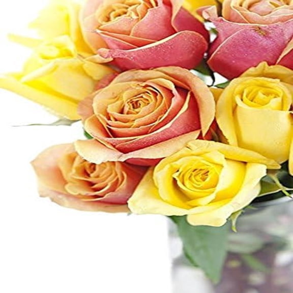 KaBloom : 12 Orange Roses, 12 Yellow Roses, 3 Greens, and Vase, Next-Day Delivery.