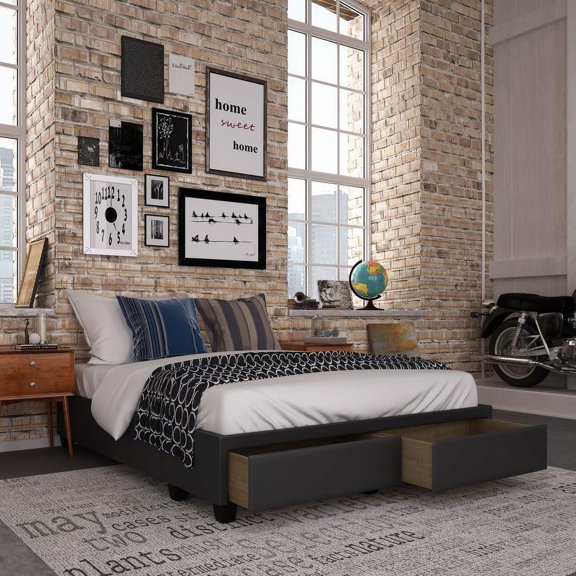 Skyline Decor Upholstered Faux Leather Platform Storage Bed Black