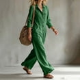thumbnail image 5 of WULMLEO Wide Leg Romper Women Cotton Linen Workout V Neck Long Sleeve Button Front One Piece Jumpsuits Casual Oversized Dressy Office Overalls with Multi Pockets Green XL, 5 of 7