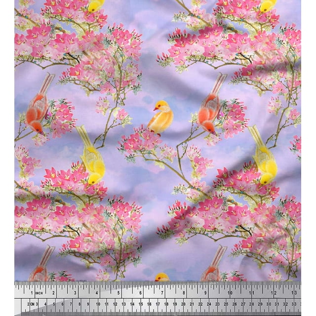 Soimoi Purple polyester Crepe Fabric Floral & Pigeon Bird Fabric Prints by Yard 42 Inch Wide