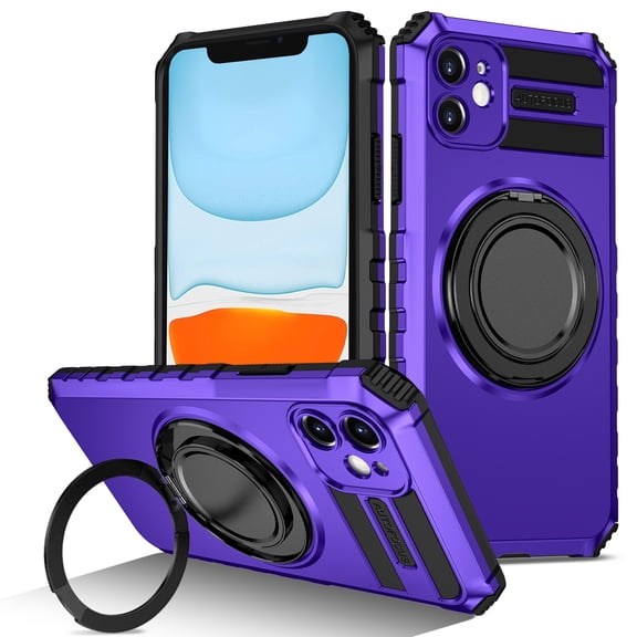 For iPhone 11 Case with Ring Stand,2-Layer Full Body Heavy Duty Shockproof Rugged,360°Rotatable Ring Holder Magnetic Kickstand,Non-Slip Protective Phone Case for iPhone 11,Purple