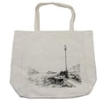 thumbnail image 1 of Sketchy Shopping Bag, Bench and Lantern in the Middle of Ocean Waves Mountains Rocks Monochrome, Eco-Friendly Reusable Bag for Groceries Beach and More, 15.5" X 14.5", Cream, by Ambesonne, 1 of 2