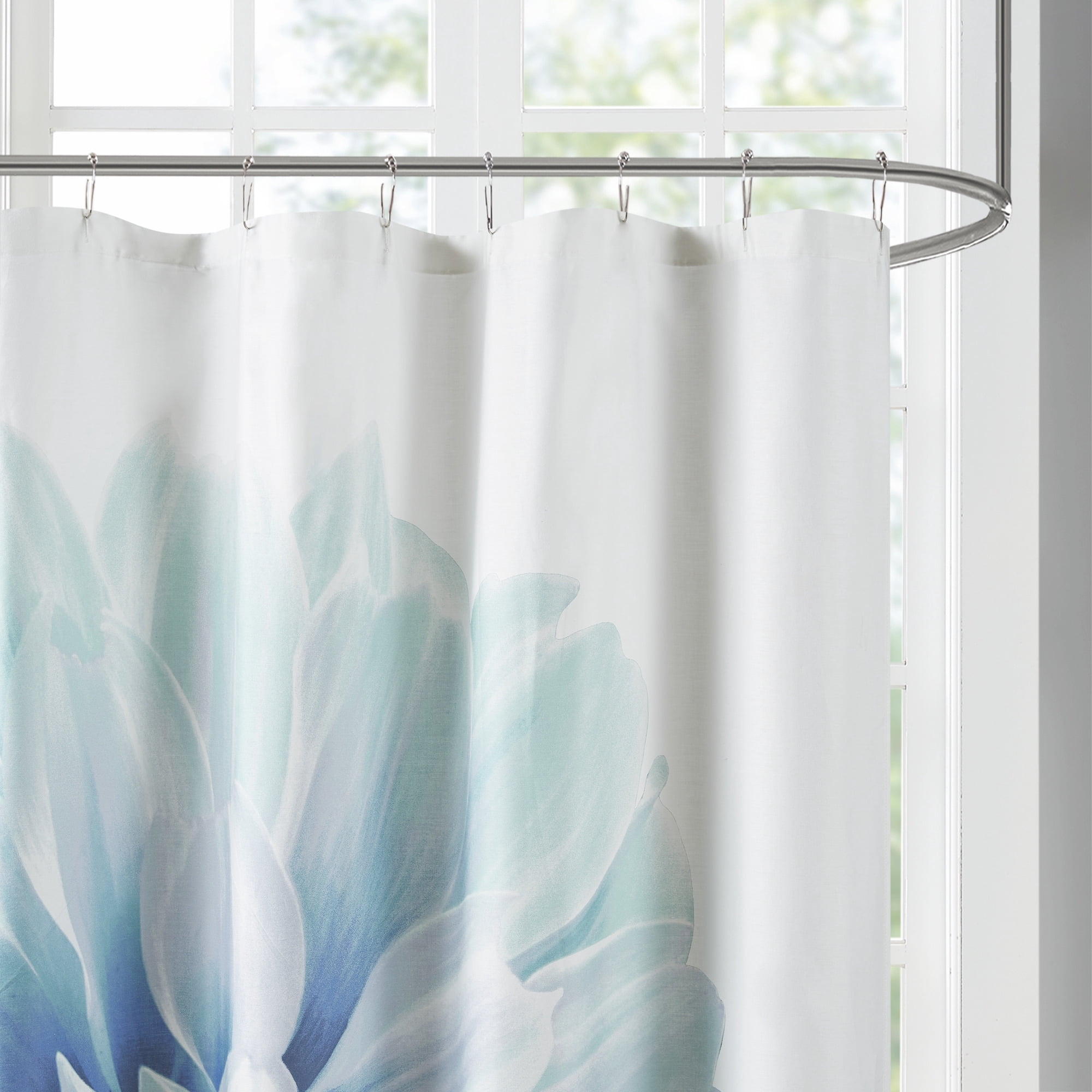 Madison Park Aqua Shower Curtains, Cotton Floral with 12 Button Holes, 72" x 72"