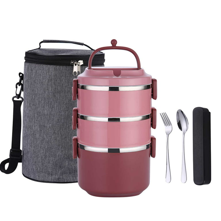 Stackable Lunch Box,YFBXG 3 Tier Stainless Steel Thermal Bento Lunch Box  With Lunch Bag & Utensils (Pink, 3 Tier)