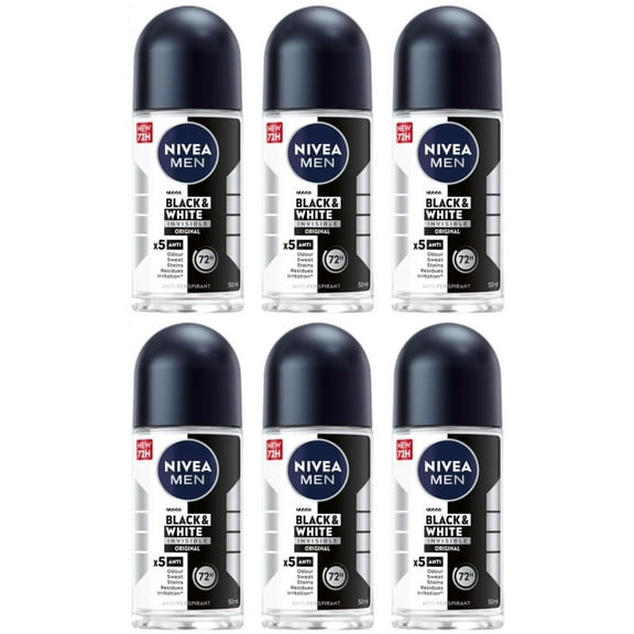 Nivea Men Invisible Black & White Deodorant Anti-Perspirant Roll-on Travel -6 PK