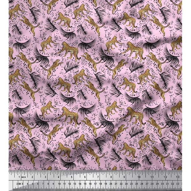 Soimoi Poly Georgette Fabric Leaves & Leopard Animal Print Sewing Fabric Yard 42 Inch Wide