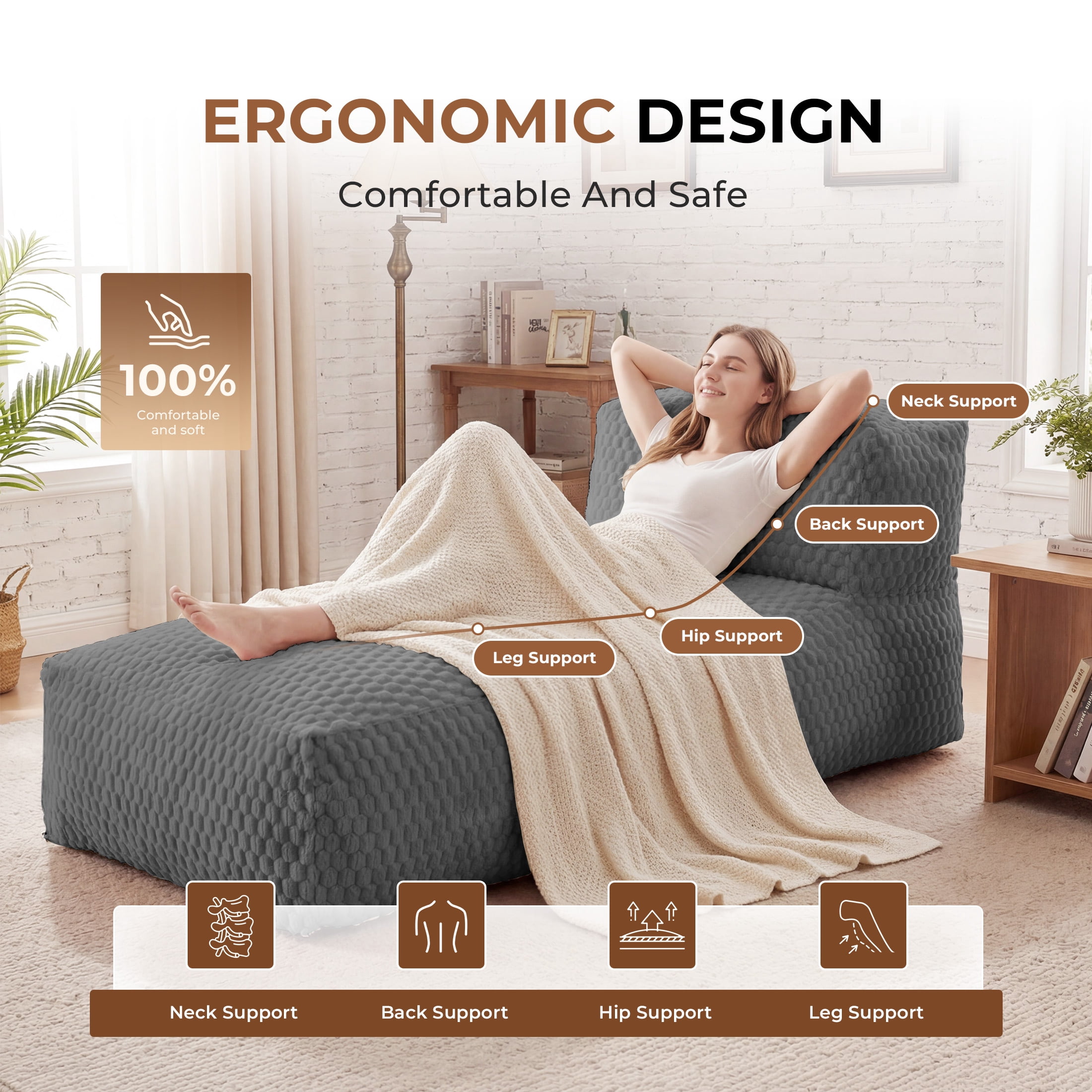 Poshby Big Bean Bag Lounger Chair for Adults, Large Flannel Plush Beanbag Sofa Chair for Living Room or Bedroom, Grey