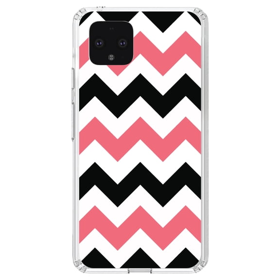 DistinctInk Clear Shockproof Hybrid Case for Google Pixel 4 XL (6.3" Screen) - TPU Bumper, Acrylic Back, Tempered Glass Screen Protector - Black Pink Chevron Stripes - Chevron Stripes Pattern