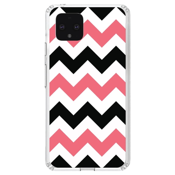 DistinctInk Clear Shockproof Hybrid Case for Google Pixel 4 XL (6.3" Screen) - TPU Bumper, Acrylic Back, Tempered Glass Screen Protector - Black Pink Chevron Stripes - Chevron Stripes Pattern