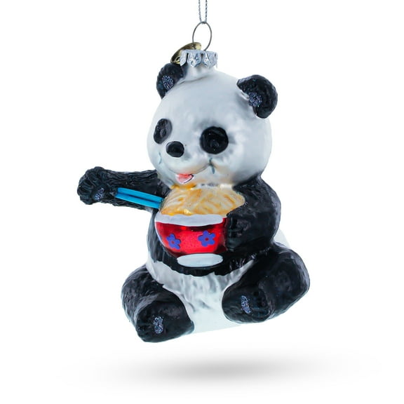 Panda Relishing Noodles Glass Christmas Ornament