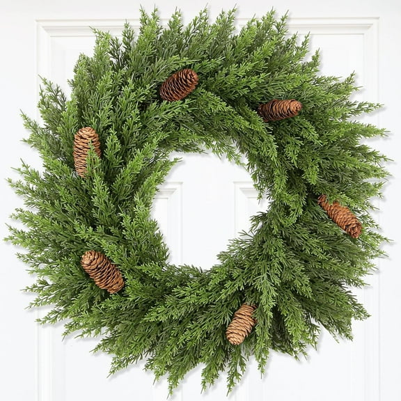 24 Inch Christmas Wreaths for Front Door, Artificial Cedar Wreath With Pine Cones, Xmas Wreath Window Wall Decor, Christmas Door Decorations
