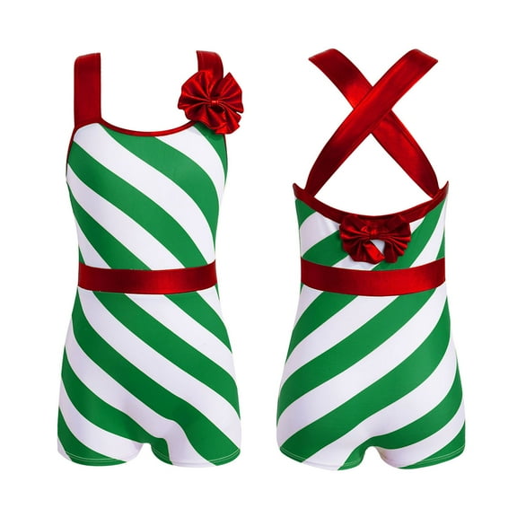 TiaoBug Kids Girls Christmas Ballet Dance Leotards Gymnastics Stripes Print Short Unitard Jumpsuit Green 6