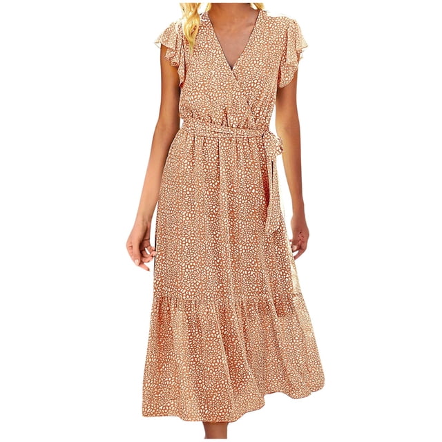 Vestido de Manga Corta para las Mujeres, Cintura Elástica Vestido de Playa de Verano de Gasa con Doblado de Línea, Casual Y Fluido
