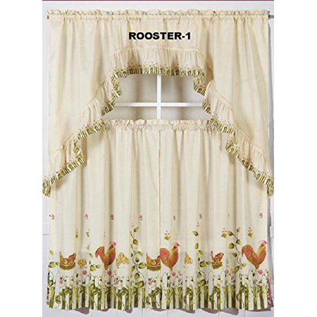 White Flower Valance 3PC Kitchen Window Curtain Set Printed Design ,Set includes 2 Tiers and 1 Valance Available in Multiple Designs (Rooster-1) ()