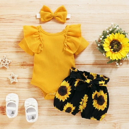 

Zukuco Baby Girl Summer Outfits Set Sunflower Short Sleeve Romper Bodysuit with Floral Shorts Newborn Clothes for Girl Yellow 6-12 Months