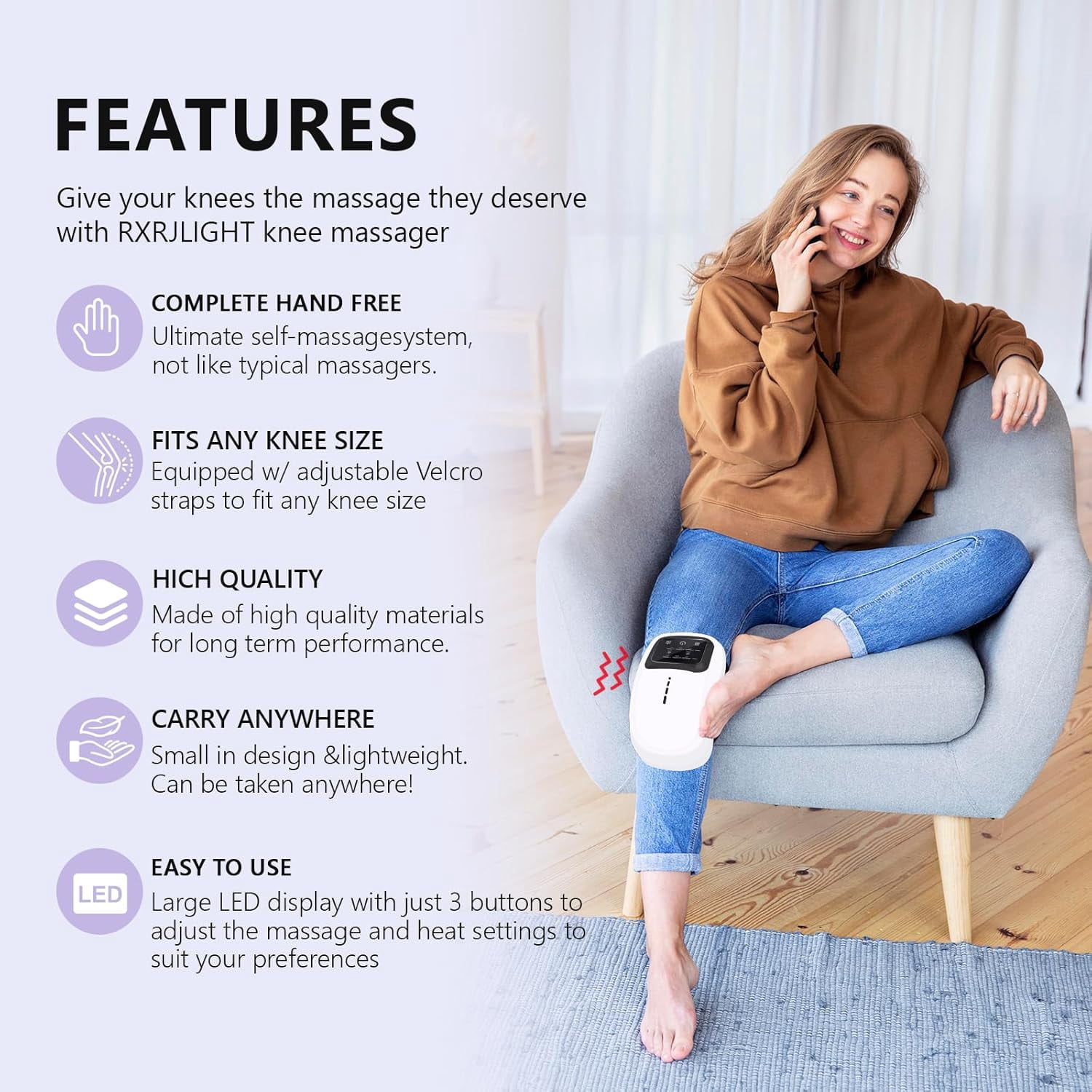 Cordless Knee Massager with Heat, Vibration & Red Light, 3-in-1 Rechargeable Knee Wrap for Soothing Comfort, Joint Relaxation at Home, Office, and Post-Workout Recovery Support