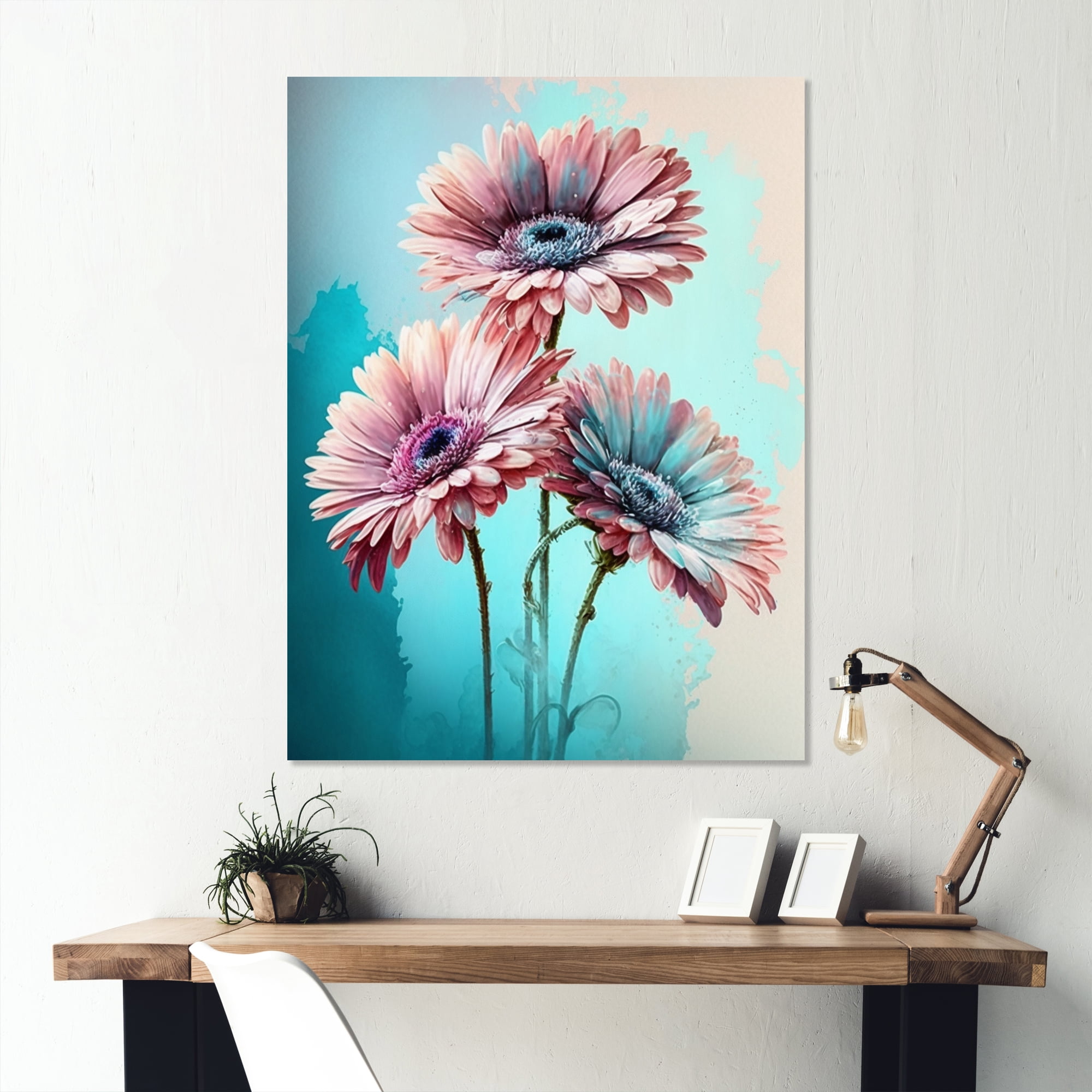 Designart Pink And Blue Flower Gerbera II Canvas Wall Art