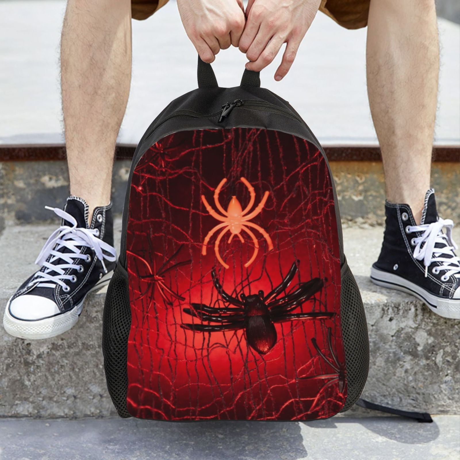 Xecao Black Spider Web With Spiders Print School Backpack with Laptop Compartment Small Travel Laptop Backpack for Women Men Waterproof College Backpack Simple School Bag