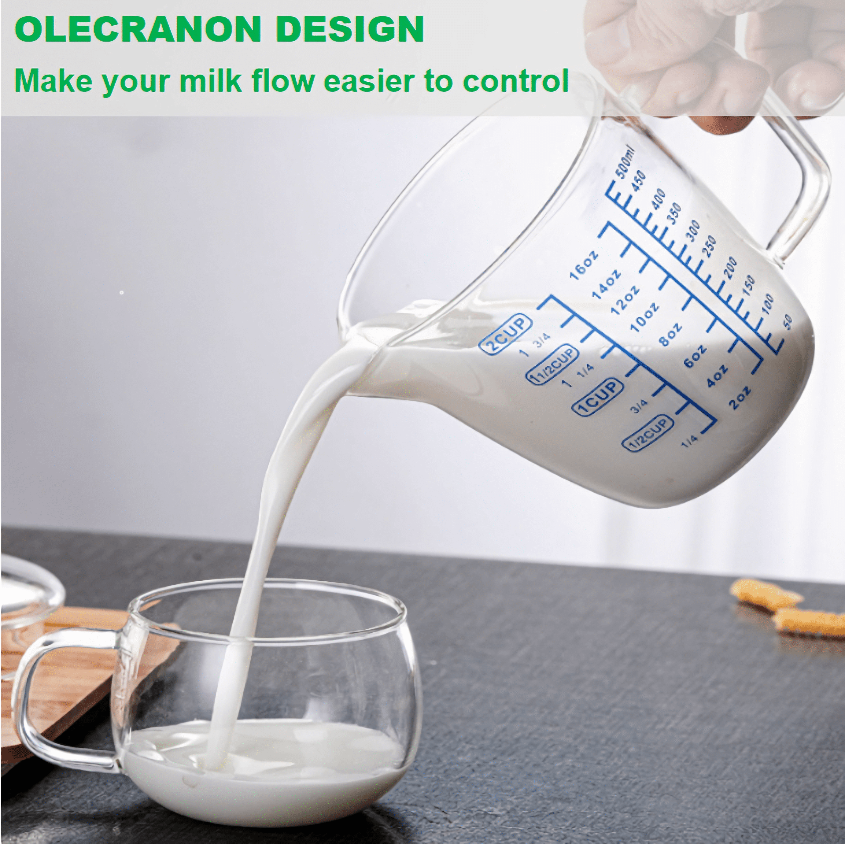Glass Measuring Cup with Lid,Graduated Beaker Coffee Mug with Handle,Borosilicate Glass V-Shaped Spout Measure Liquid Milk Cup for Cooking Baking  (2cup/16oz/500ml)