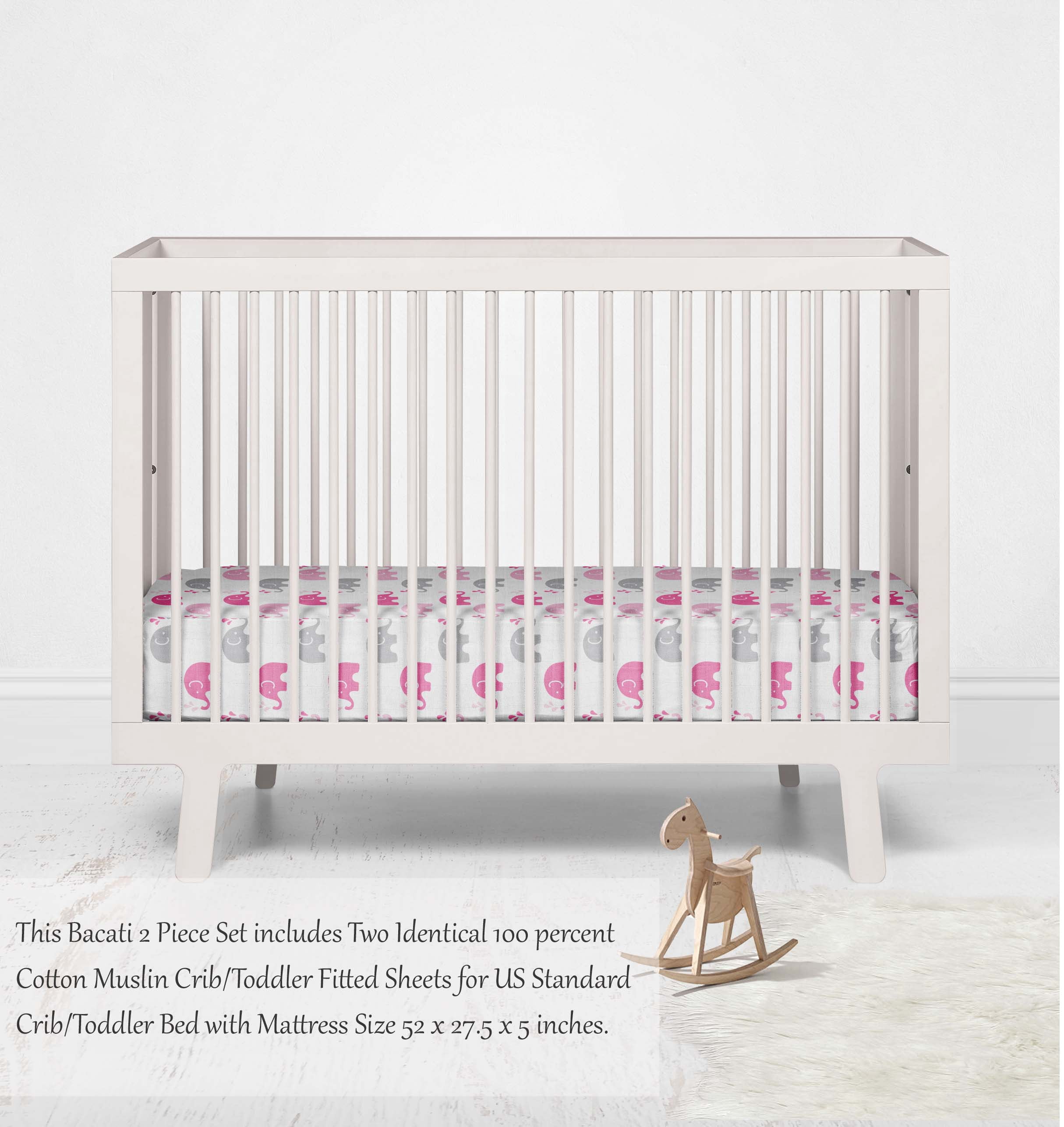 Bacati - Elephants Crib/Toddler Bed Fitted Sheets 100% Cotton Muslin 2 Pack, Pink/Gray