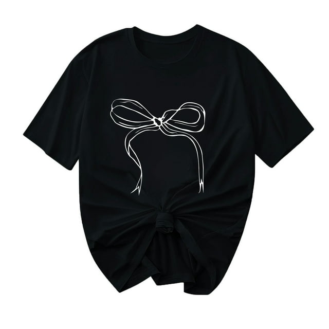Primavera Top Mujeres Moda Casual Nueva Cinta de Arco Impresa Cuello Redondo Camiseta de Manga Corta, Camiseta de Cuello Tripulado