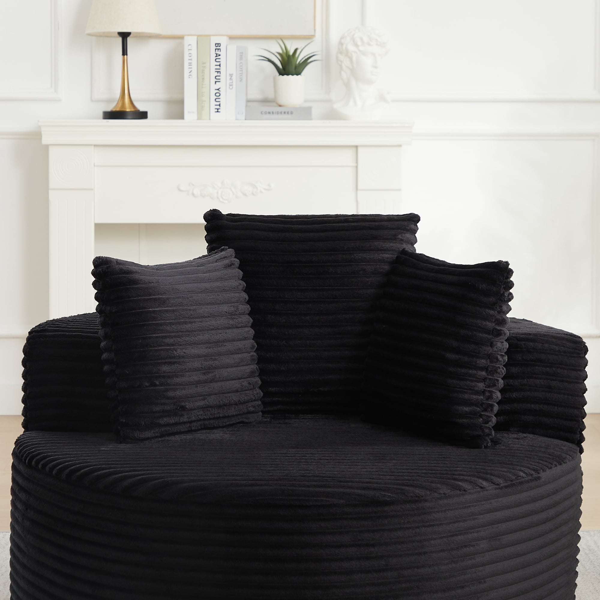 Leumius Corduroy Lounge Chair,Deep Seat Single Sofa with Pillow, Round Chaise Longue Chair for Living Room,No Assembly Required,Black