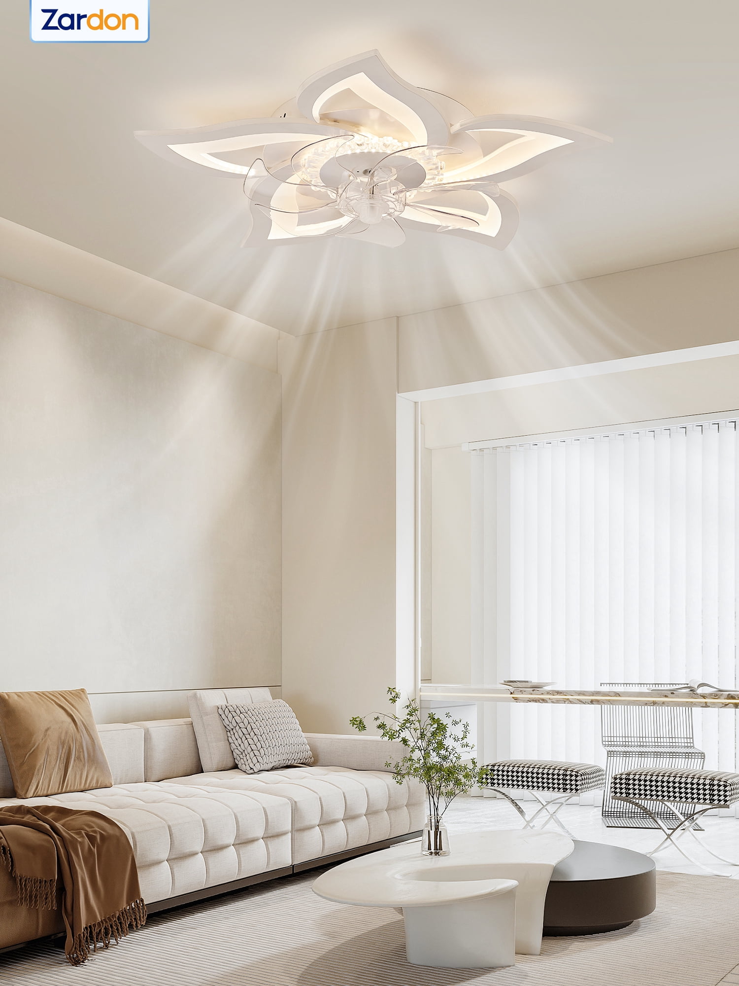 Zardon 27" Flower Ceiling Fan with LED Lights and Remote Control, Flush Mount Ceiling Fan for Indoor Bedroom Living Room, Low Profile - White