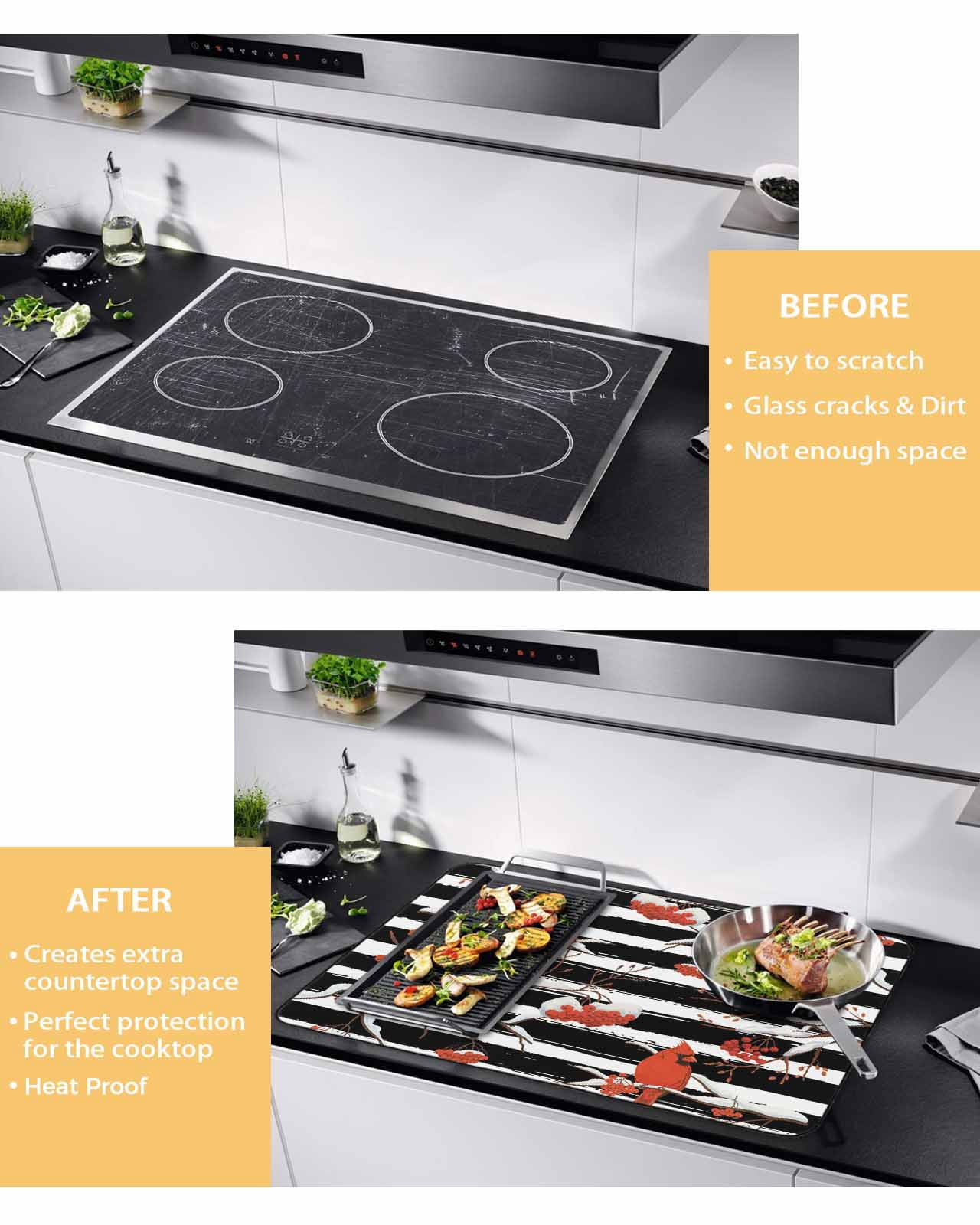 Large Induction Cooktop Protector Mat Christmas Stove Top Covers for Electric Stove, Red Cardinal Birds on Branch Berries White Black Stripes Decorative Stove Burner Cover Mats, Glass Top Stove Cover