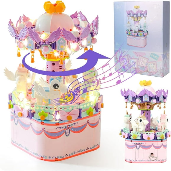 874PCS Street View Carousel Music Box Bricks Model Set, DIY Building Block Amusement Park Merry go Round with Lights Kids Toy 5+ Mini