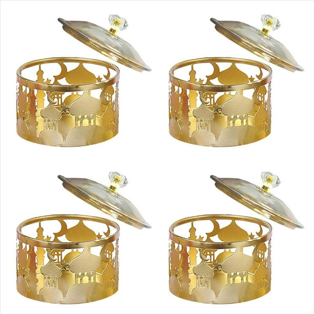 4X Bandejas de Ramadán con Tapa - Bandeja de Metal Dorado Eid Mubarak de Ramadán de Dulces Contenedor de Almacenamiento de Alimentos Caja de Baratijas de Galletas