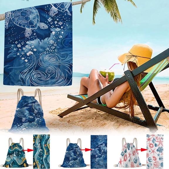 AZXY Oversized Microfiber Beach Towel, 2-in-1 Quick-Dry Super Absorbent Bath Towel with Drawstring Bag & Vintage Nautical Starfish Print for Pool Travel Camping, 27.5"x55"