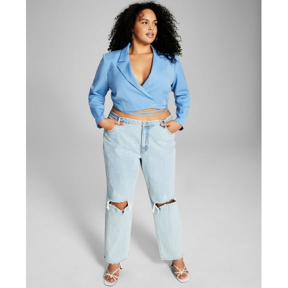 Now This Trendy Plus Size Cropped Blazer Cornflower Blue 1X