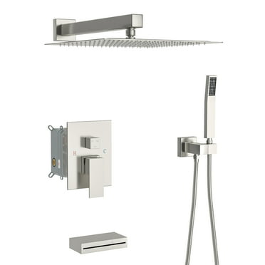 12″ Wall-Mounted Square Brushed Nickel Shower Set with Waterfall Bathtub Spout, Shower System with Drain Valve.