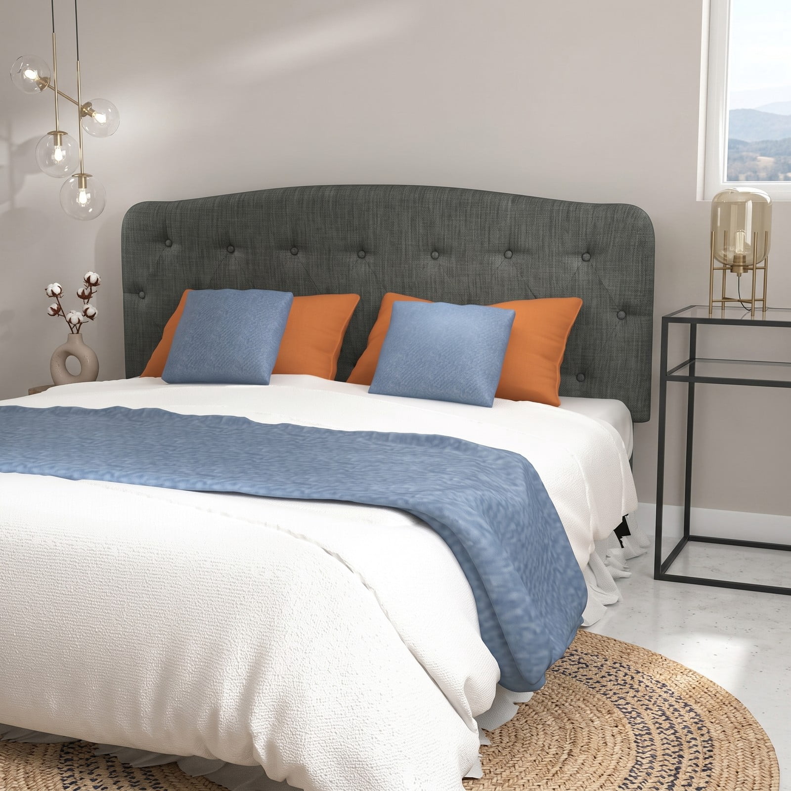 Furnibear Faux Linen Upholstered Full Size Headboard with Diamond Button Tufting and 2 Adjustable Heights for Bedroom and Guest Room, Dark Gray