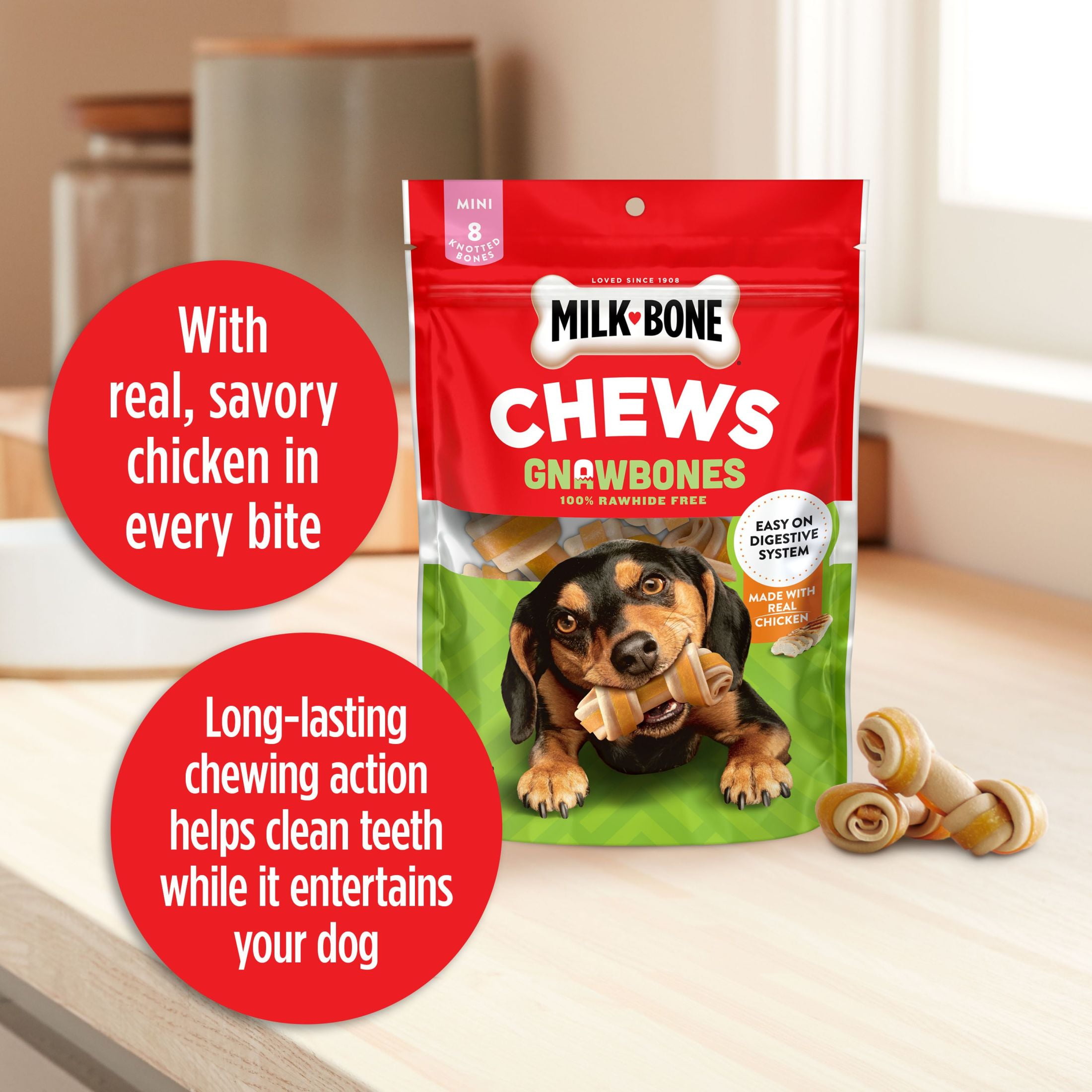 Milk Bone GnawBones Rawhide Free Dog Chews With Real Chicken, Long Lasting Mini Dog Treats, Bag of 30